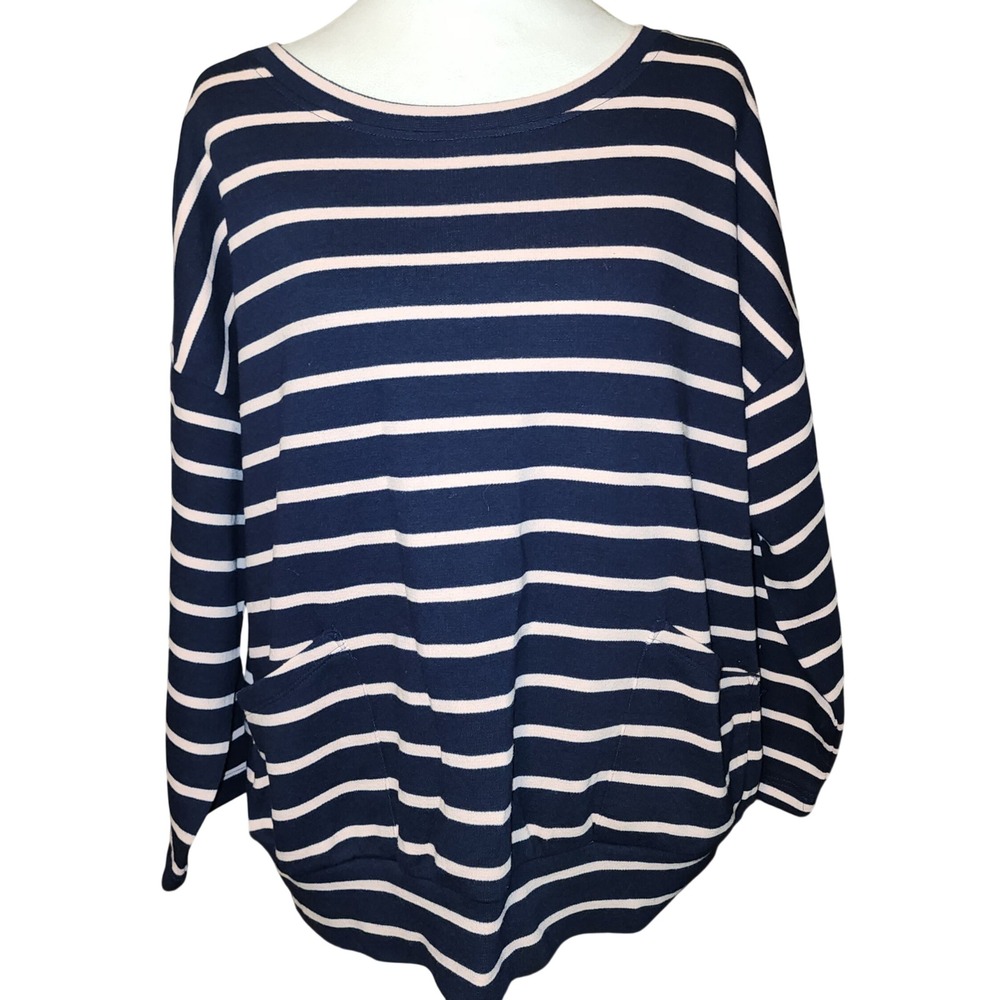 Jane and Delancey Navy Pink Stripe Pullover Top Long Sleeve Pockets Size L